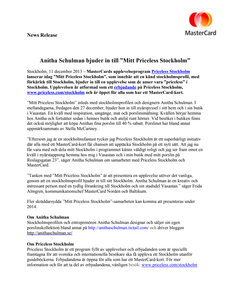 Anitha Schulman bjuder in till ”Mitt Priceless Stockholm” 
