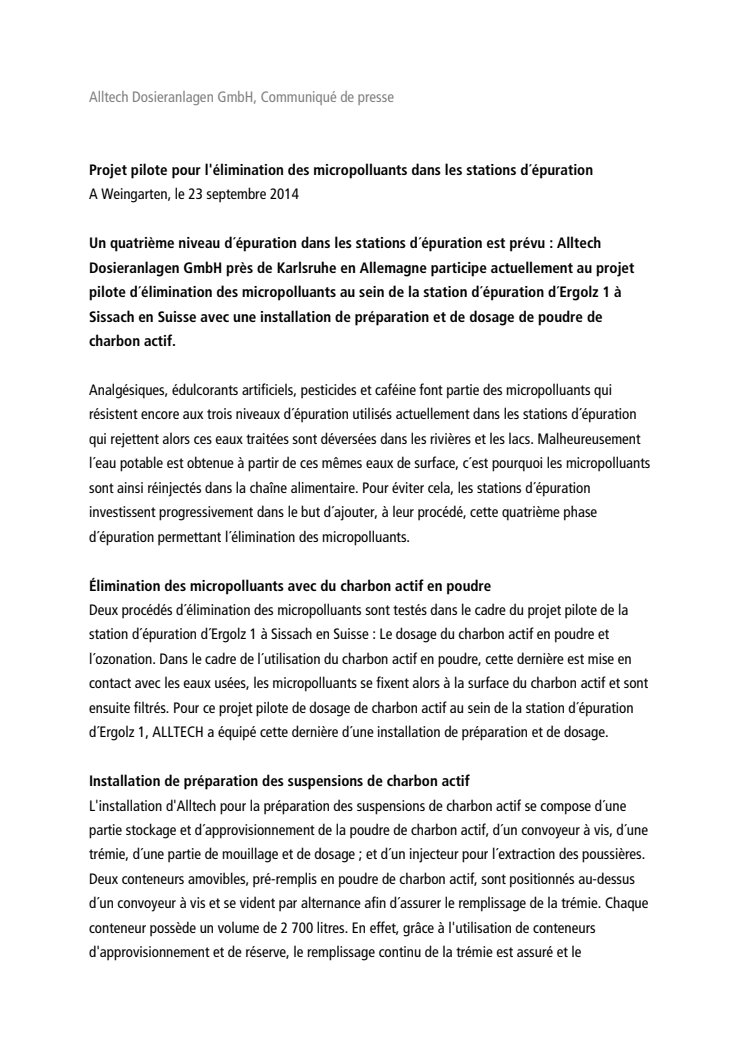 Communiqué de press Elimination des micropolluants 23.09.14