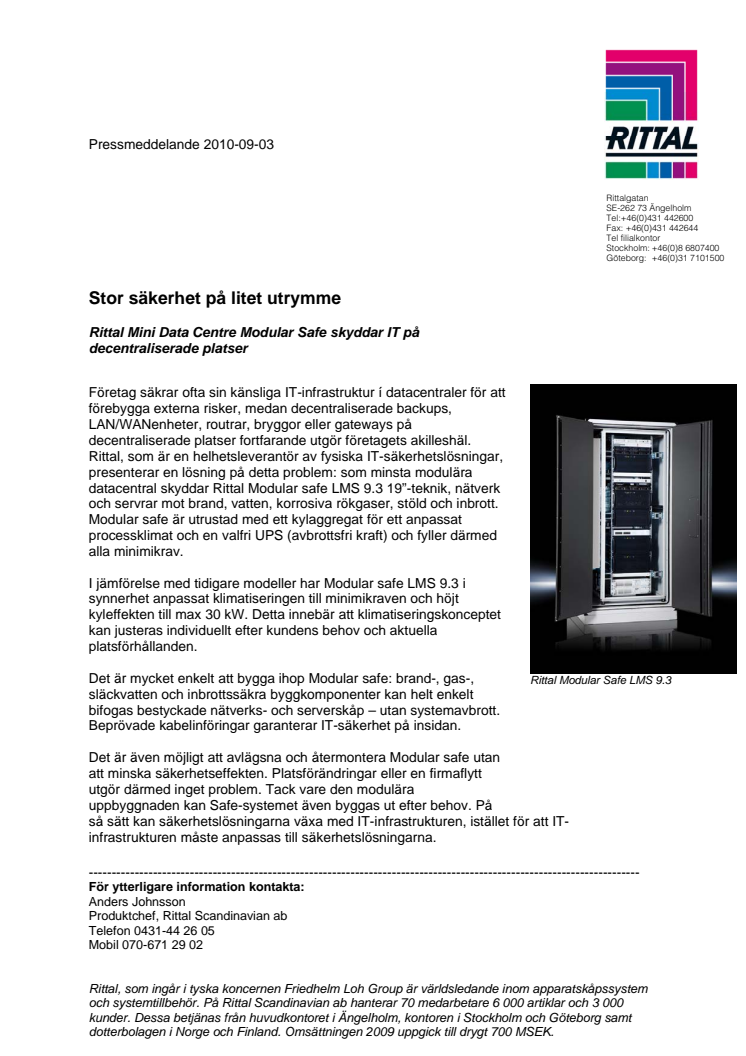 Rittal Mini Data Centre Modular Safe skyddar IT på decentraliserade platser