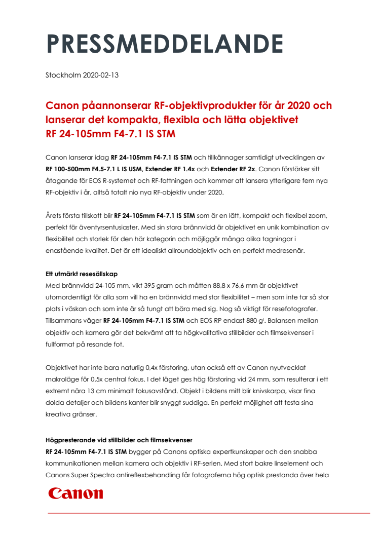 Canon påannonserar RF-objektivprodukter för år 2020 och lanserar det kompakta, flexibla och lätta objektivet RF 24 105mm F4-7.1 IS STM