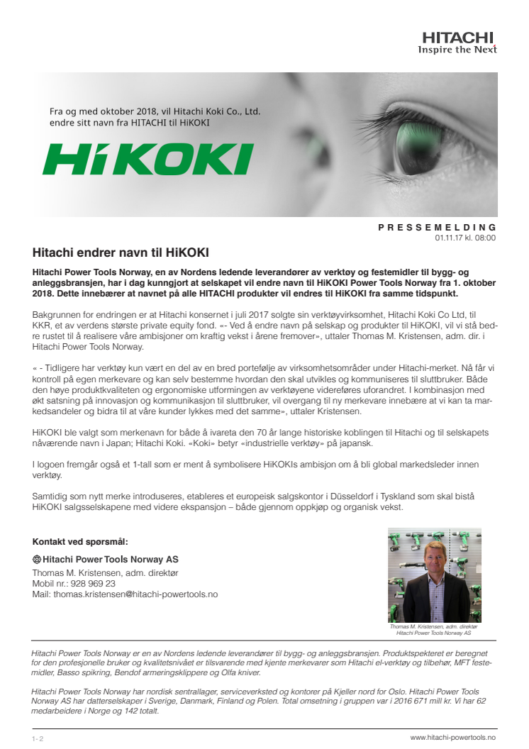 Hitachi endrer navn til HiKOKI