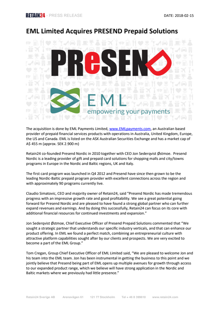 EML Limited Acquires PRESEND Prepaid Solutions