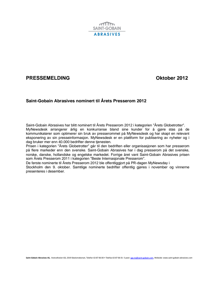 Saint-Gobain Abrasives nominert til årets presserom 2012