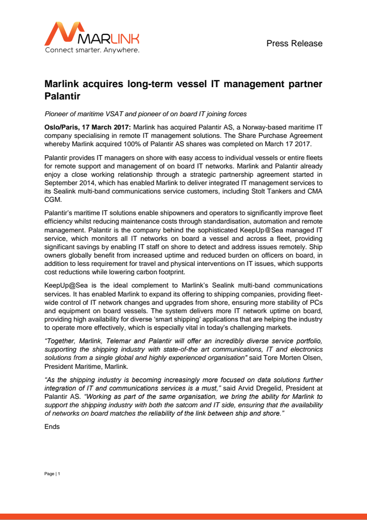 Marlink: Marlink acquires long-term vessel IT management partner Palantir