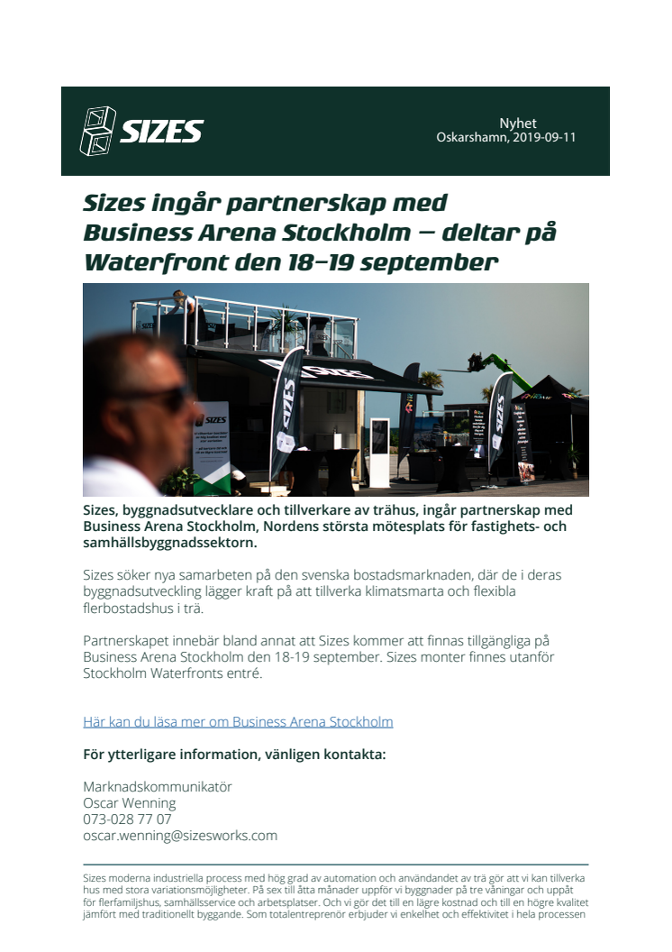 Sizes ingår partnerskap med Business Arena Stockholm – deltar på Waterfront den 18-19 september