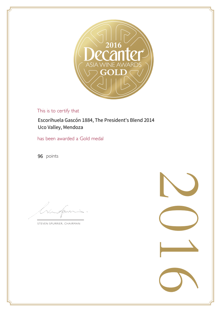 Decanter certificate 96 points 1884 The President's Blend 2014 