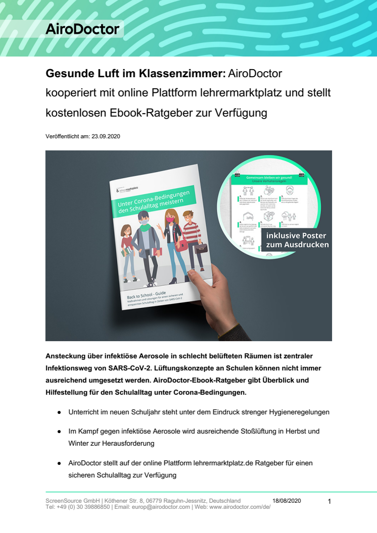 Gesunde Luft im Klassenzimmer: AiroDoctor kooperiert mit online Plattform lehrermarktplatz und stellt kostenlosen Ebook-Ratgeber zur Verfügung