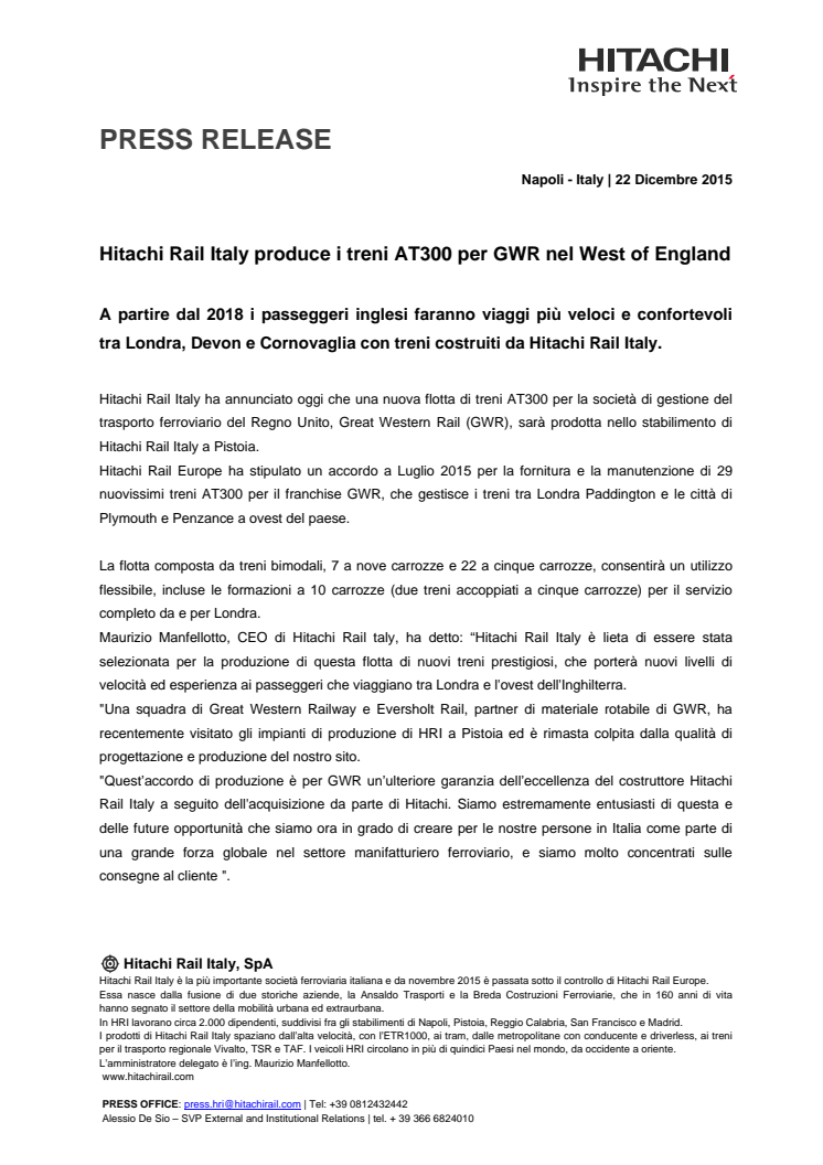 Hitachi Rail Italy produce i treni AT300 per GWR nel West of England
