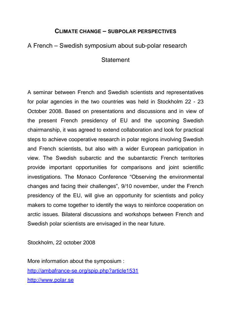 Statement French Swedish Sub-polar and Climate Change Research