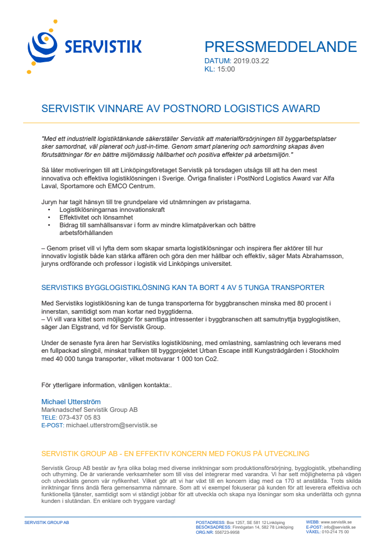Servistik vinnare av PostNord Logistics Award