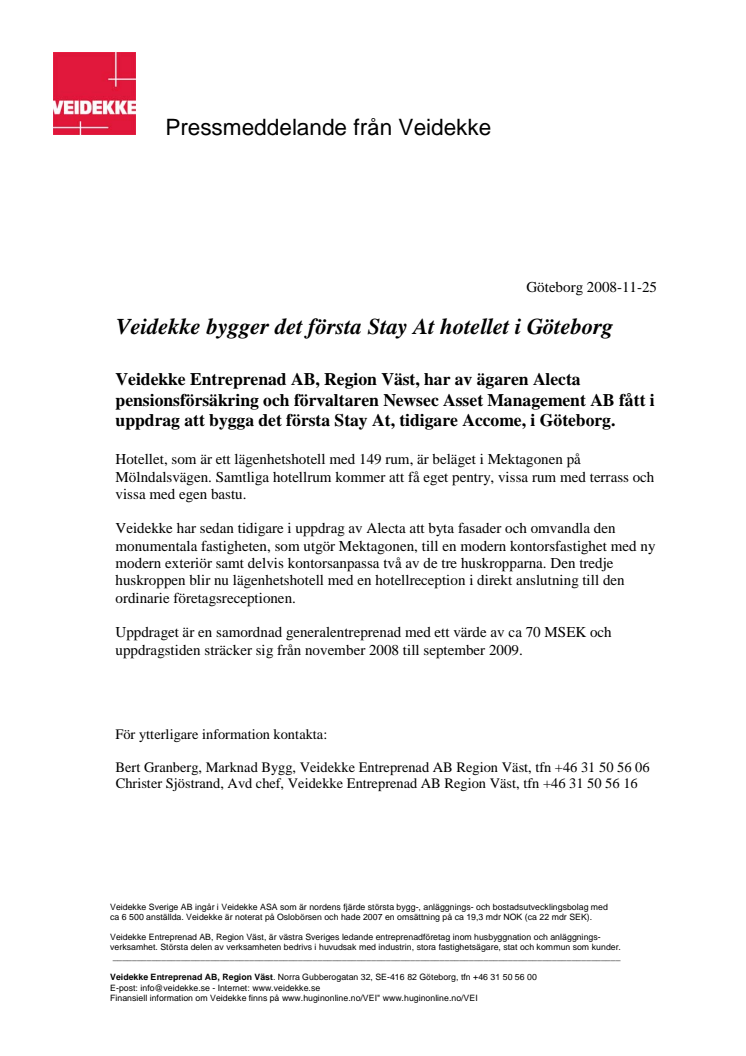 Veidekke bygger det första Stay At hotellet i Göteborg 