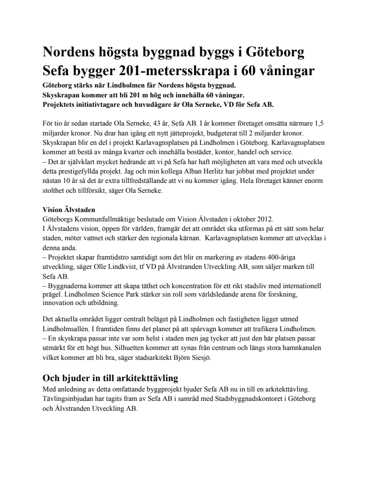 Nordens högsta byggnad byggs i Göteborg: SEFA bygger 201-metersskrapa i 60 våningar