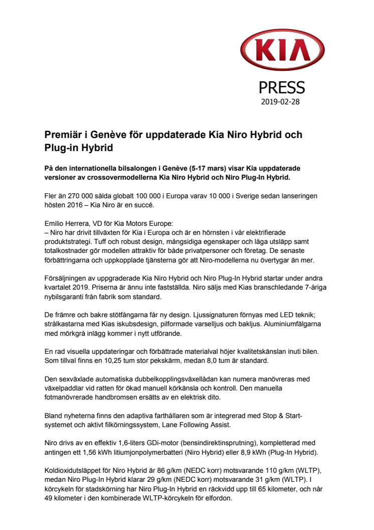 ​Premiär i Genève för uppdaterade Kia Niro Hybrid och Plug-in Hybrid