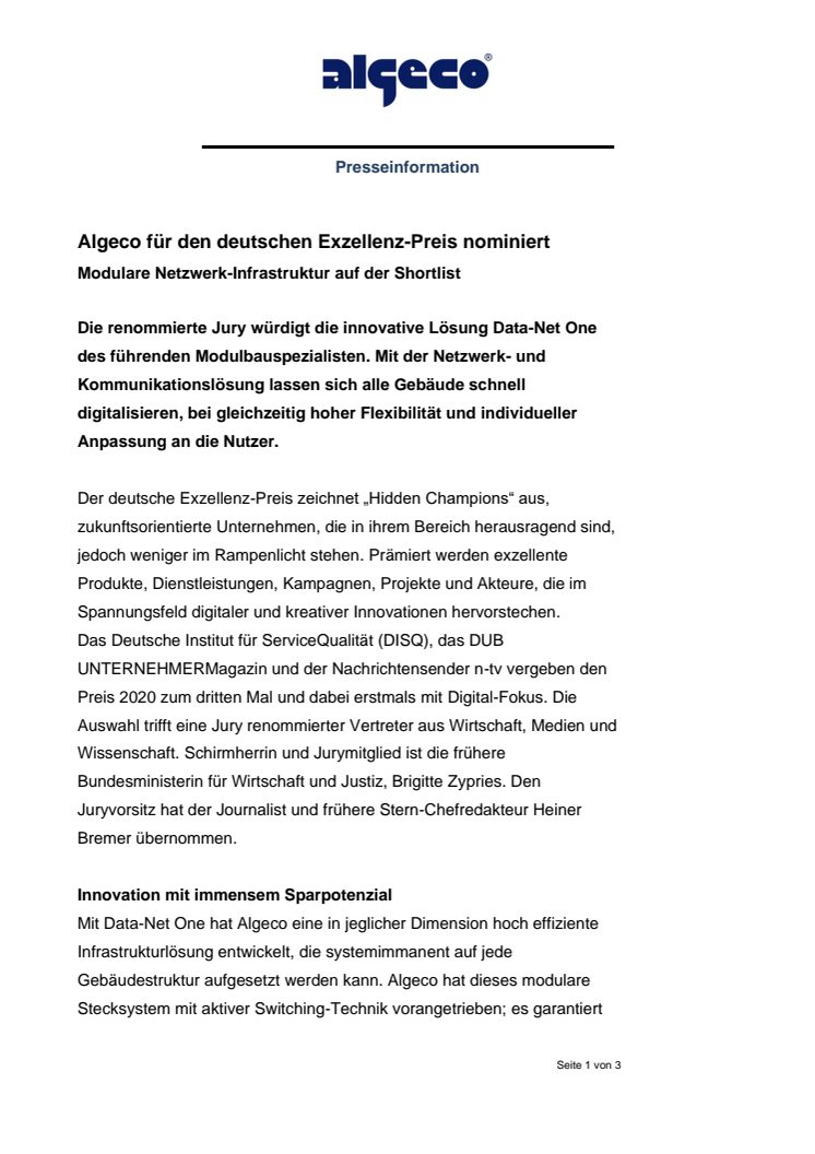 Algeco für den deutschen Exzellenz-Preis nominiert