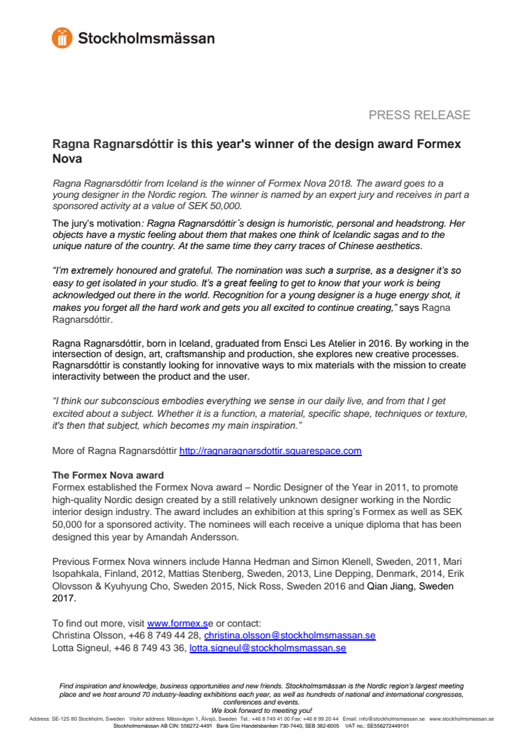 Ragna Ragnarsdóttir is this year's winner of the design award Formex Nova