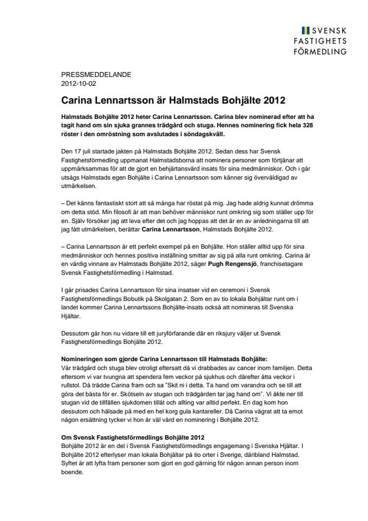 Carina Lennartsson är Halmstads Bohjälte 2012  