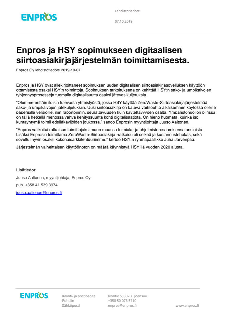 Enpros ja HSY sopimukseen digitaalisen siirtoasiakirjajärjestelmän toimittamisesta.