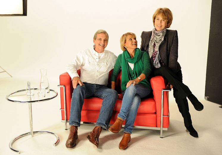 Dieter Hermann, Uschi Glas und Stiftungsvorstand Dr. Christa Maar beim Shooting in den Eisbach Studios