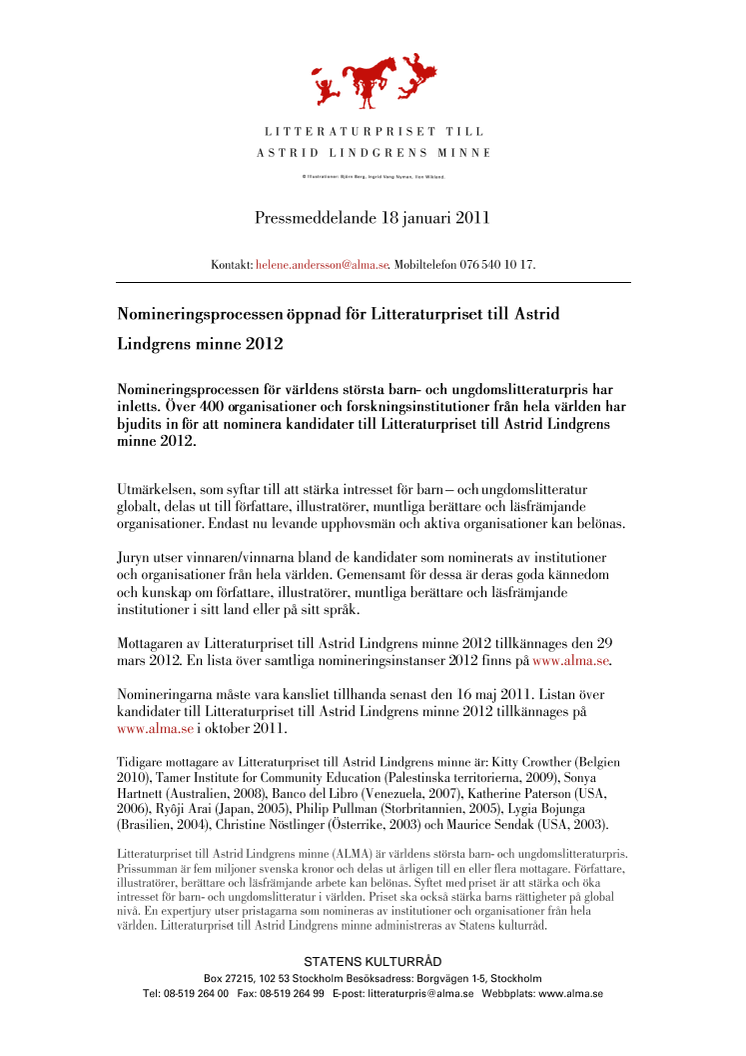 Nomineringsprocessen öppnad för Litteraturpriset till Astrid Lindgrens minne 2012