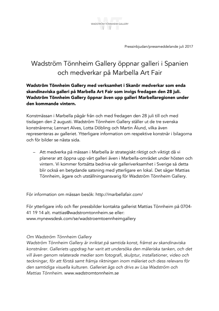 Wadström Tönnheim Gallery öppnar galleri i Spanien och medverkar på Marbella Art Fair 