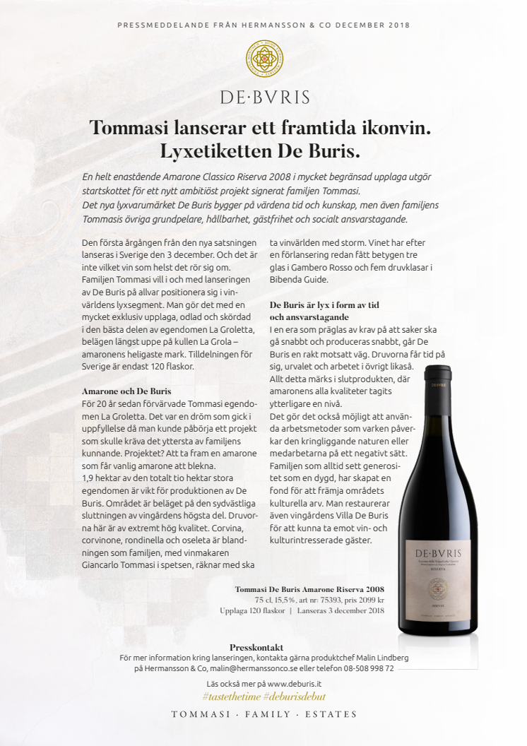 Tommasi lanserar ett framtida ikonvin. Lyxetiketten De Buris.