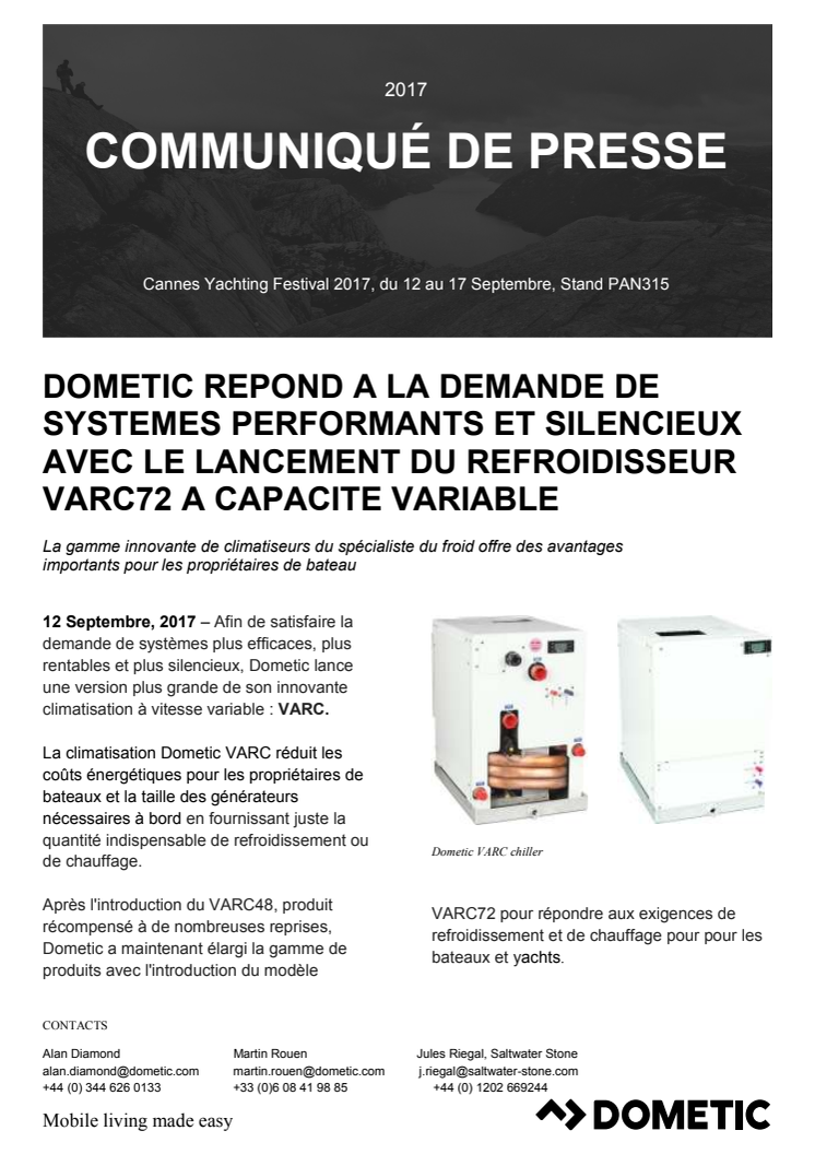 Dometic - Cannes: Dometic Repond A La Demande De Systemes Performants Et Silencieux Avec Le Lancement Du Refroidisseur VARC72 A Capacite Variable