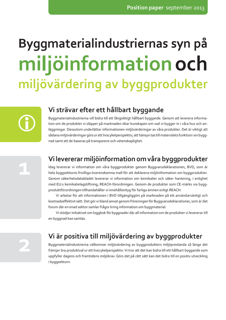 Byggmaterialindustriernas position paper om miljövärdering av byggprodukter