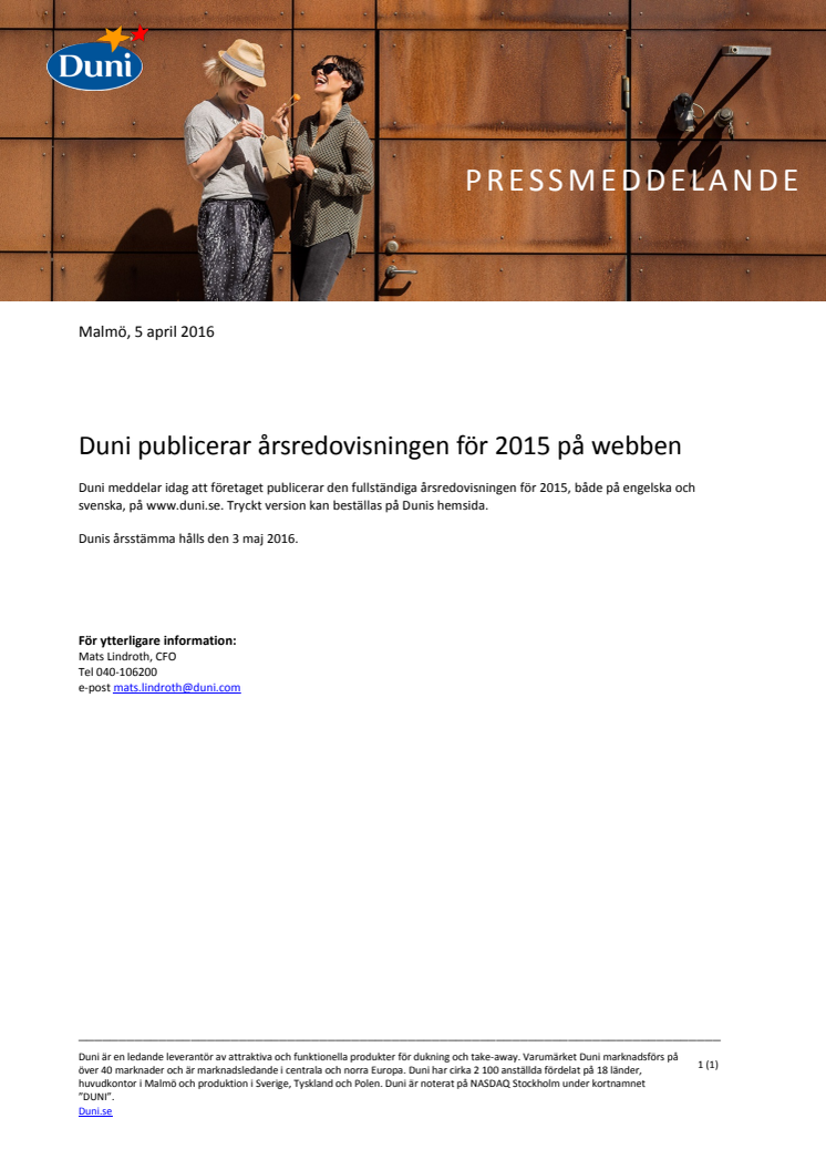Duni publicerar årsredovisningen för 2015 på webben