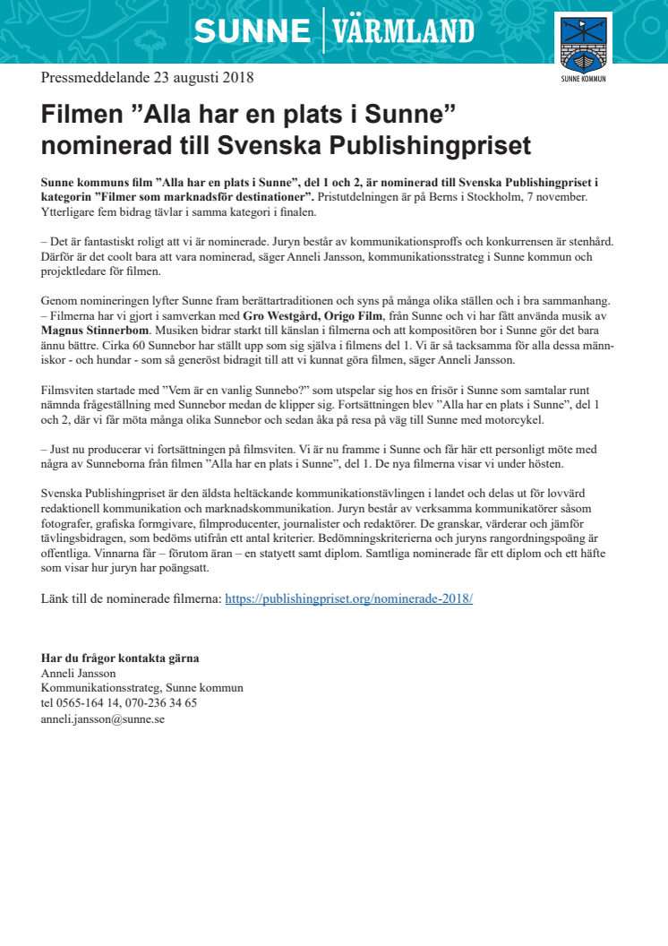Filmen ”Alla har en plats i Sunne”  nominerad till Svenska Publishingpriset