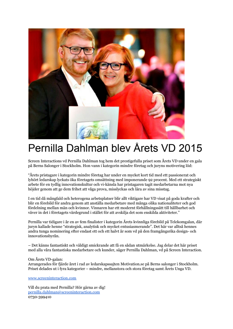 Pernilla Dahlman blev Årets VD 2015