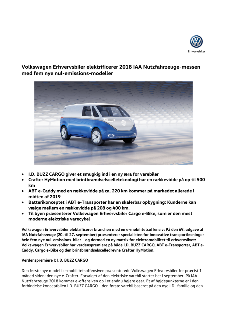  Volkswagen Erhvervsbiler elektrificerer 2018 IAA Nutzfahrzeuge-messen med fem nye nul-emissions-modeller