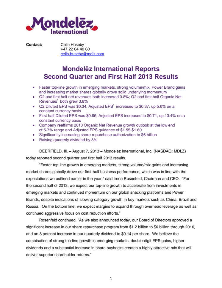 Mondelēz International Reports Second Quarter and First Half 2013 Results