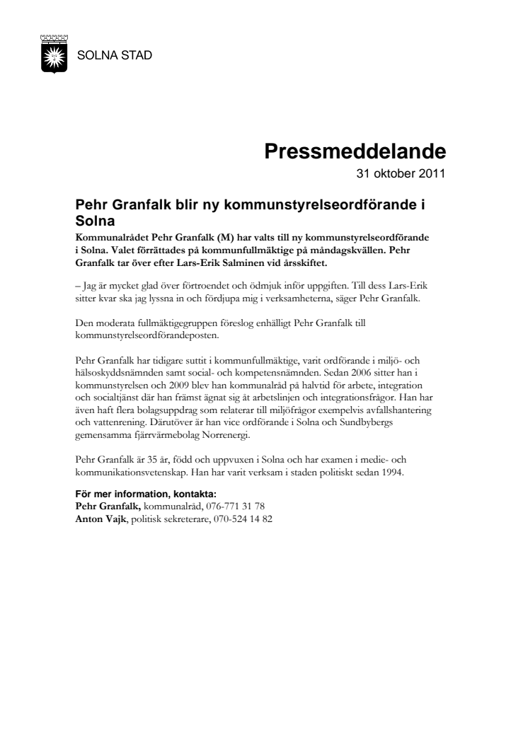 Pehr Granfalk blir ny kommunstyrelseordförande i Solna