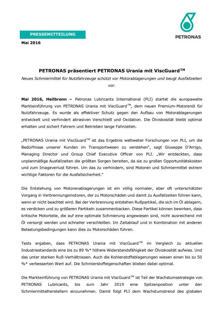  PETRONAS präsentiert PETRONAS Urania mit ViscGuardTM