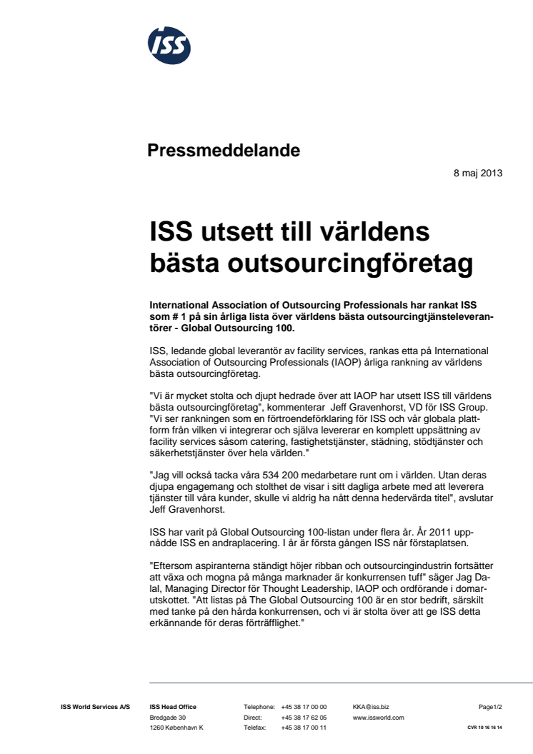 ISS utsett till världens bästa outsourcingföretag