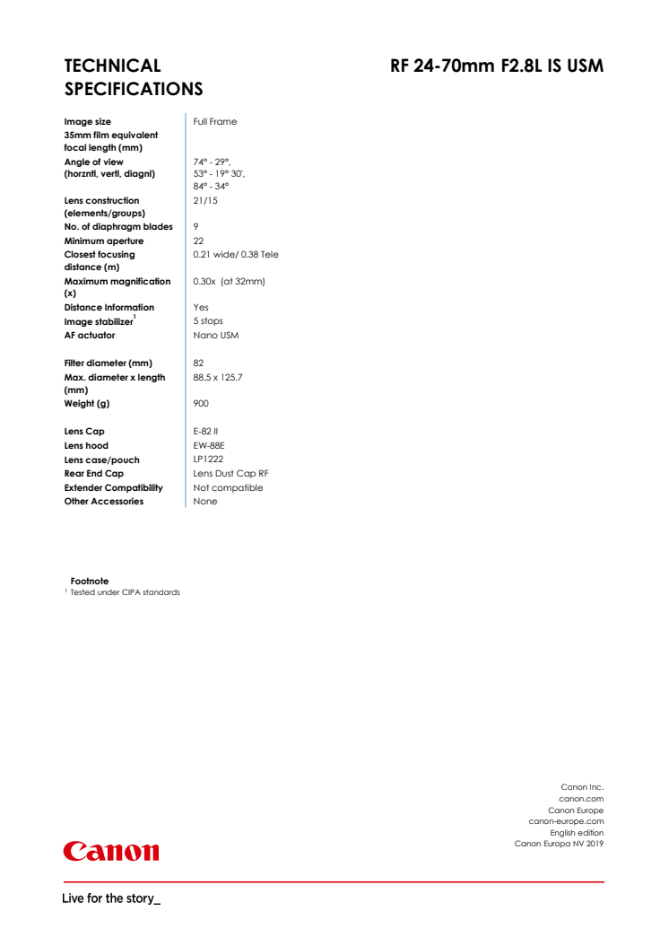 Canon Tekniska specifikationer RF 24-70mm F2.8L IS USM