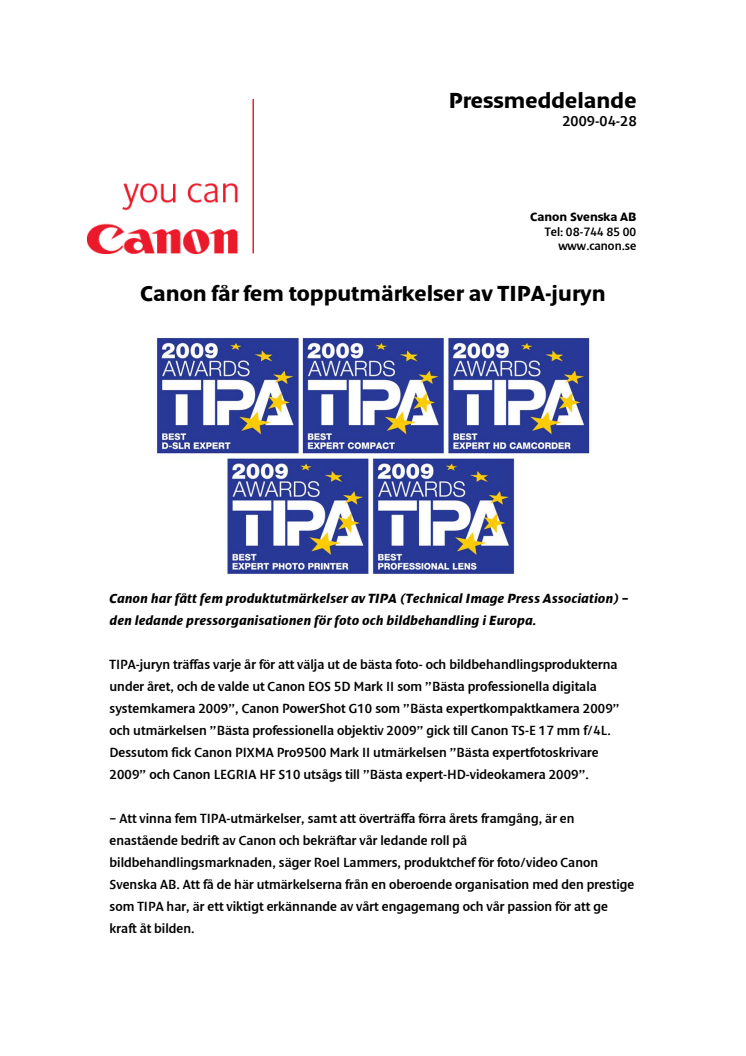 Canon får fem topputmärkelser av TIPA-juryn