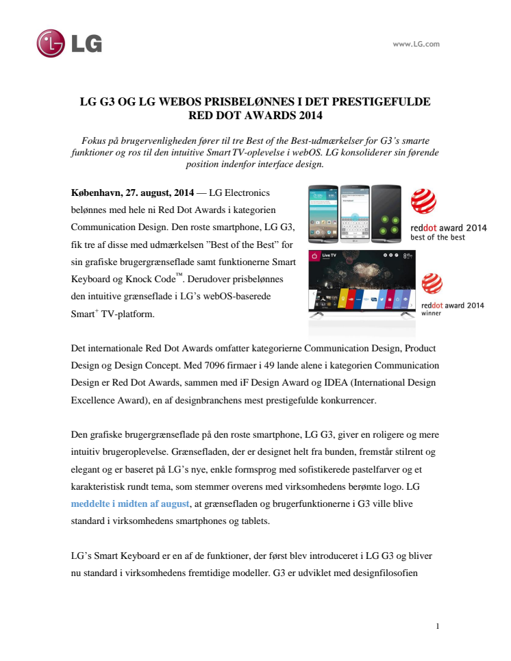 LG G3 OG LG WEBOS PRISBELØNNES I DET PRESTIGEFULDE RED DOT AWARDS 2014