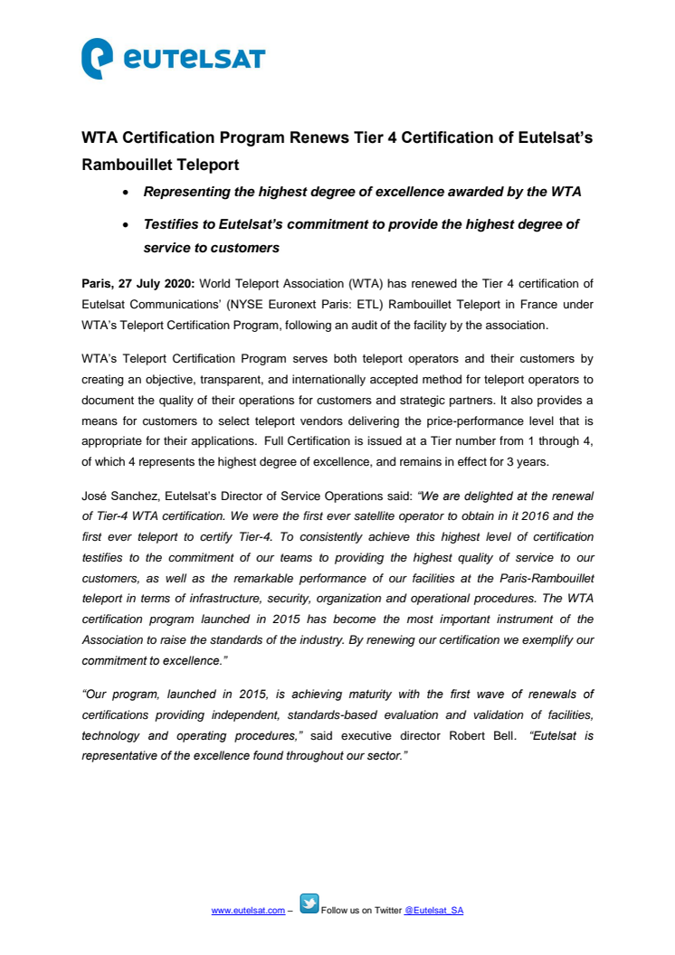 WTA Certification Program Renews Tier 4 Certification of Eutelsat’s Paris-Rambouillet Teleport