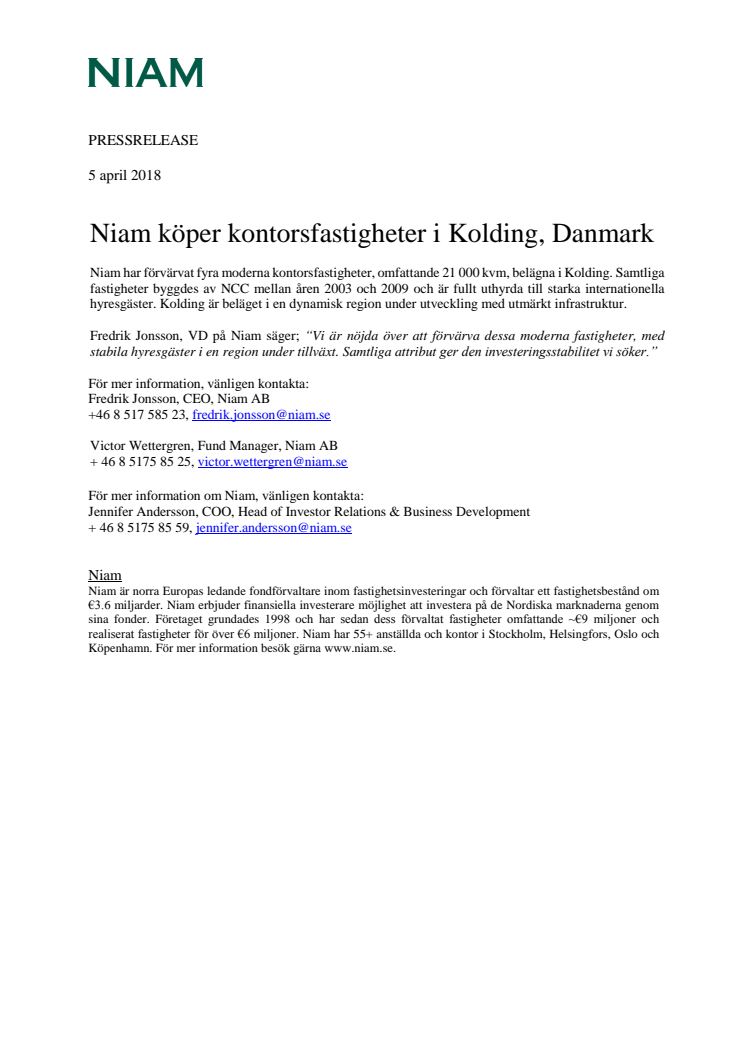 Niam köper kontorsfastigheter i Kolding, Danmark