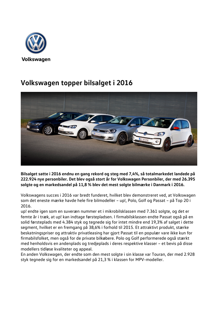 Volkswagen topper bilsalget i 2016