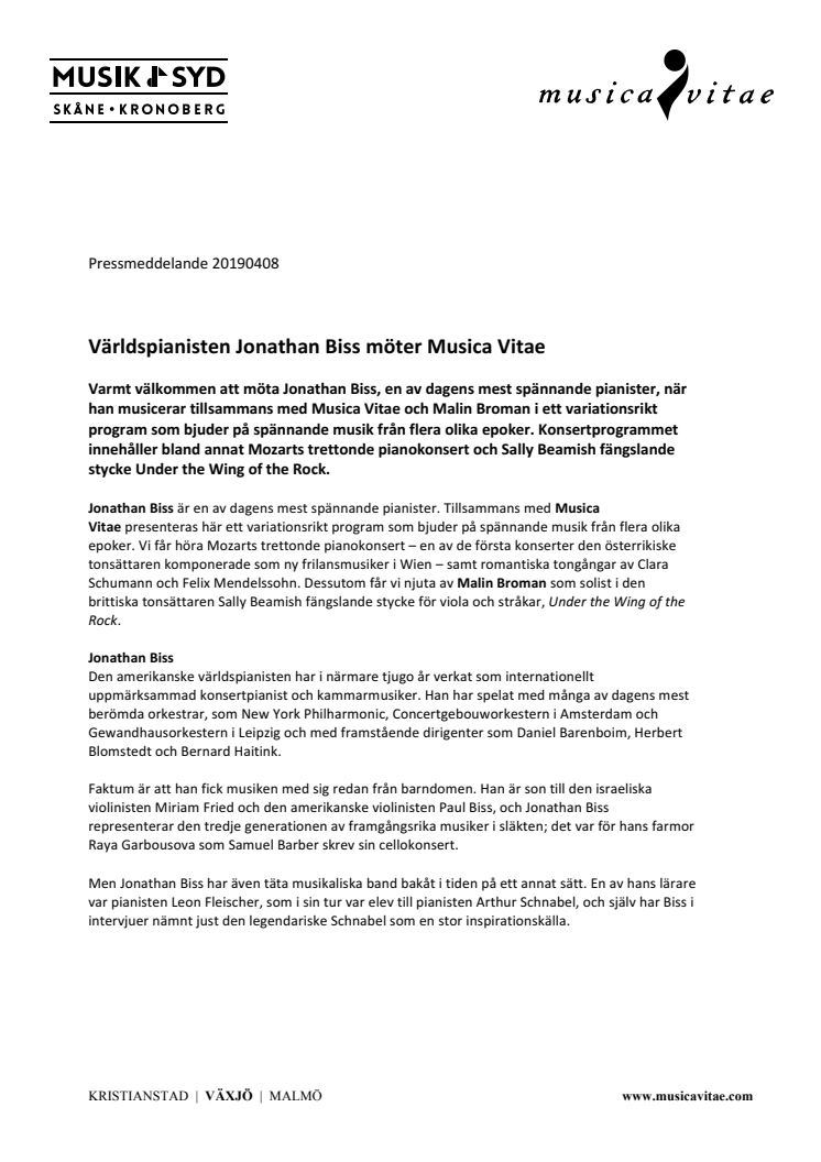 Världspianisten Jonathan Biss möter Musica Vitae