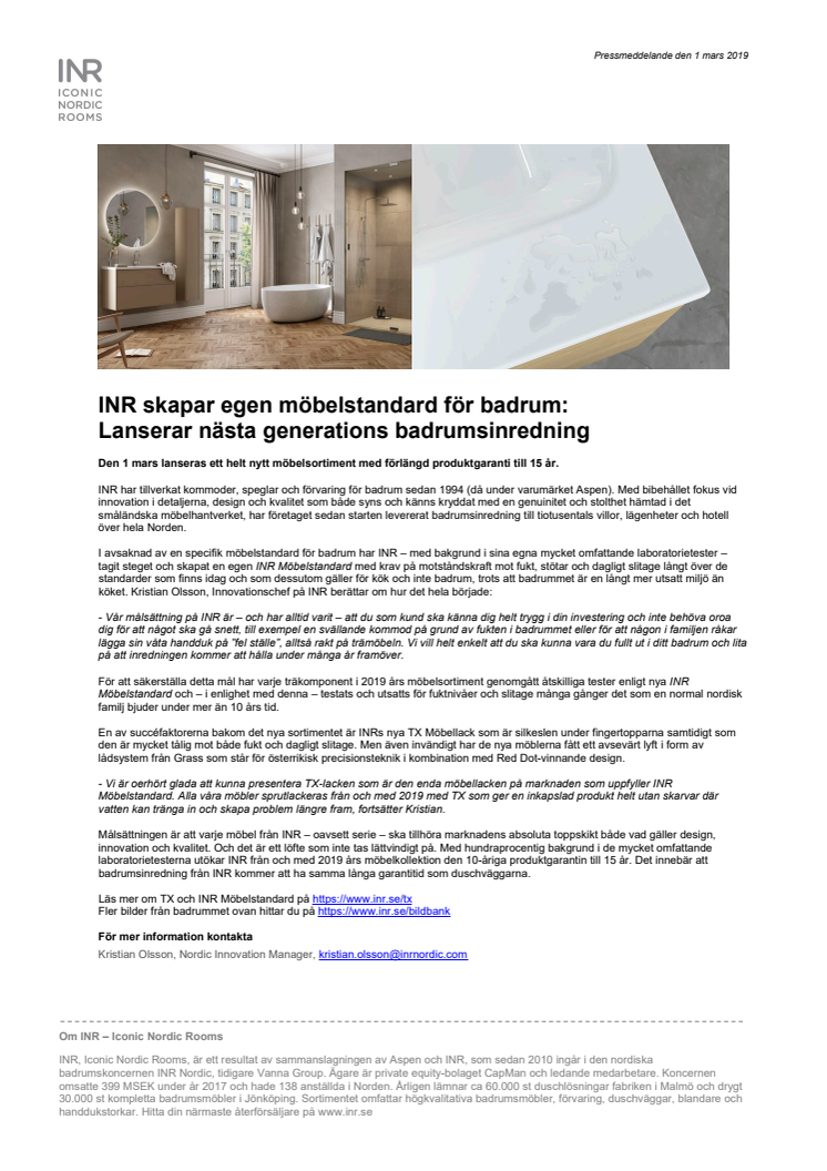 INR skapar egen möbelstandard för badrum: Lanserar nästa generations badrumsinredning