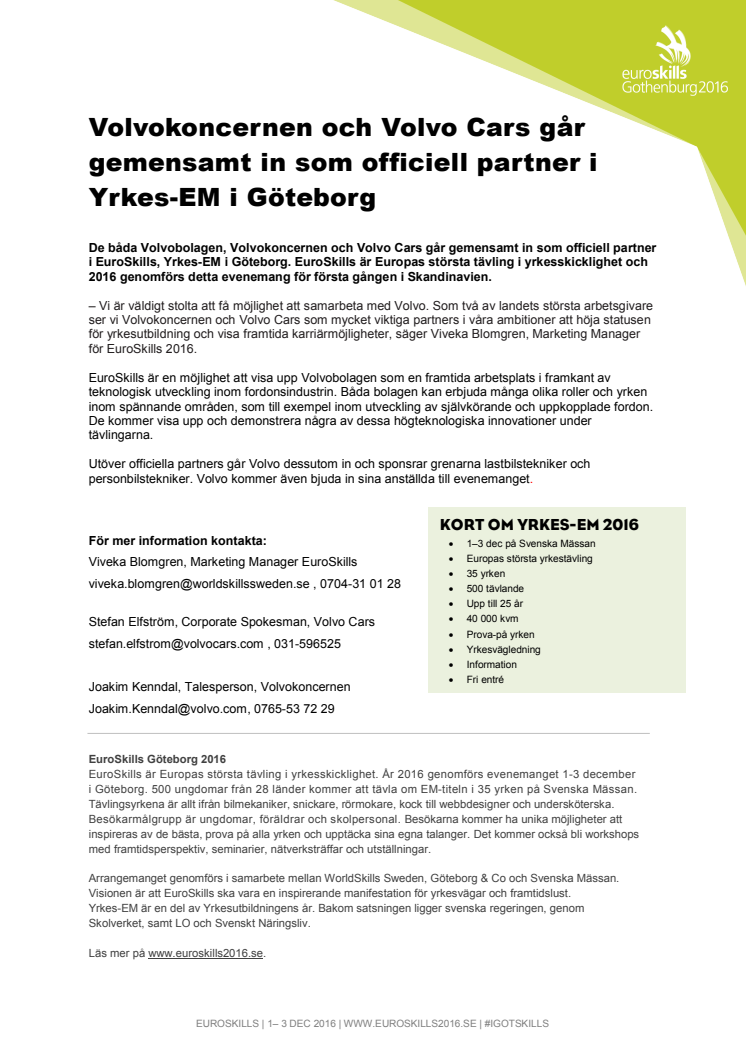 AB Volvo och Volvo Cars går gemensamt in som officiell partner i Yrkes-EM i Göteborg