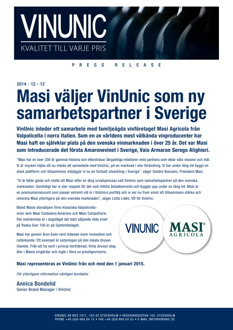 Masi väljer VinUnic som ny samarbetspartner i Sverige