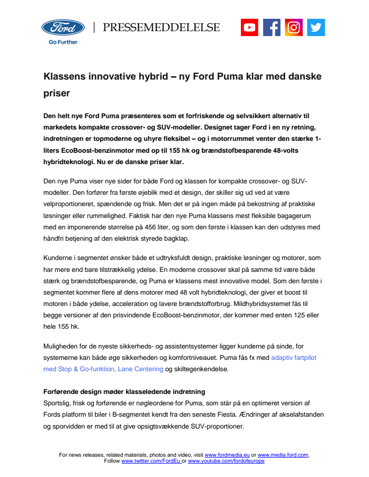 Klassens innovative hybrid – ny Ford Puma klar med danske priser
