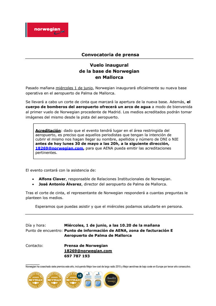  Descarga convocatoria: aeropuerto de Palma de Mallorca (miércoles 1 de junio, 10.20 de la mañana).