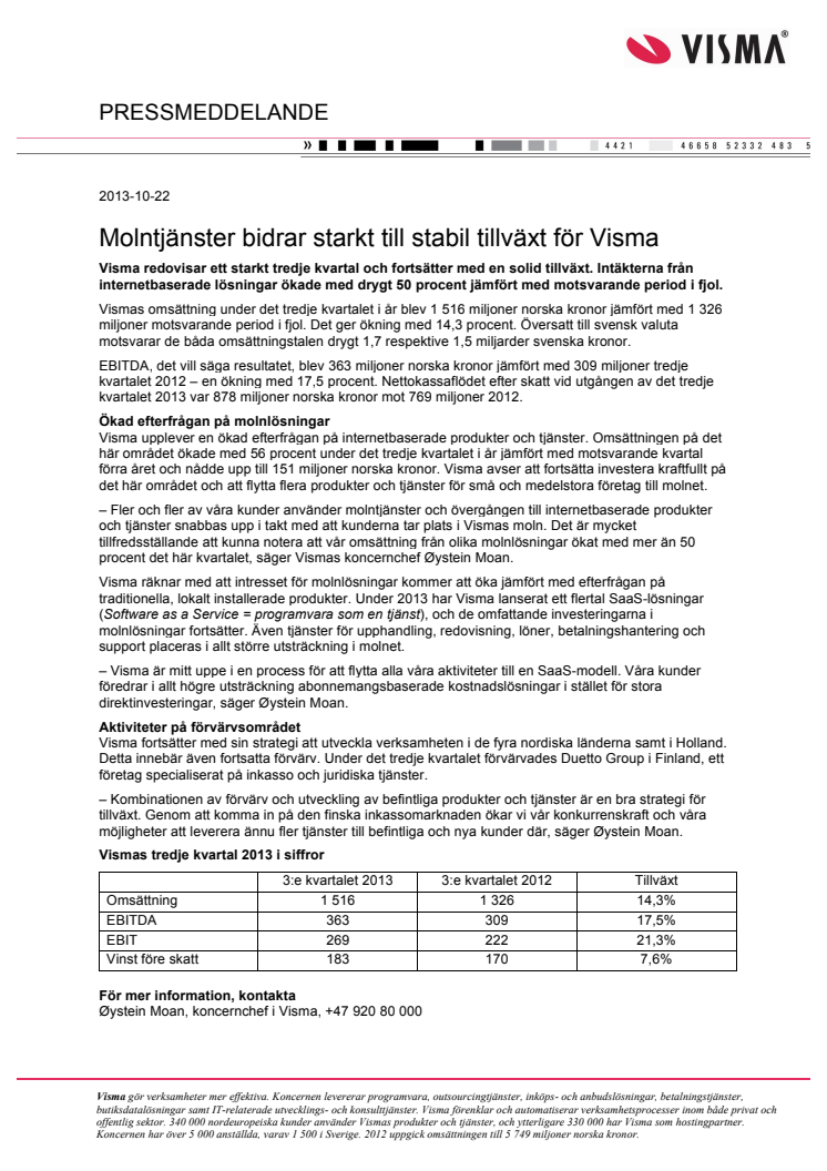 Molntjänster bidrar starkt till stabil tillväxt för Visma