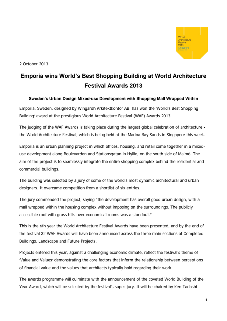 Emporia wins World’s Best Shopping Building at World Architecture Festival Awards 2013