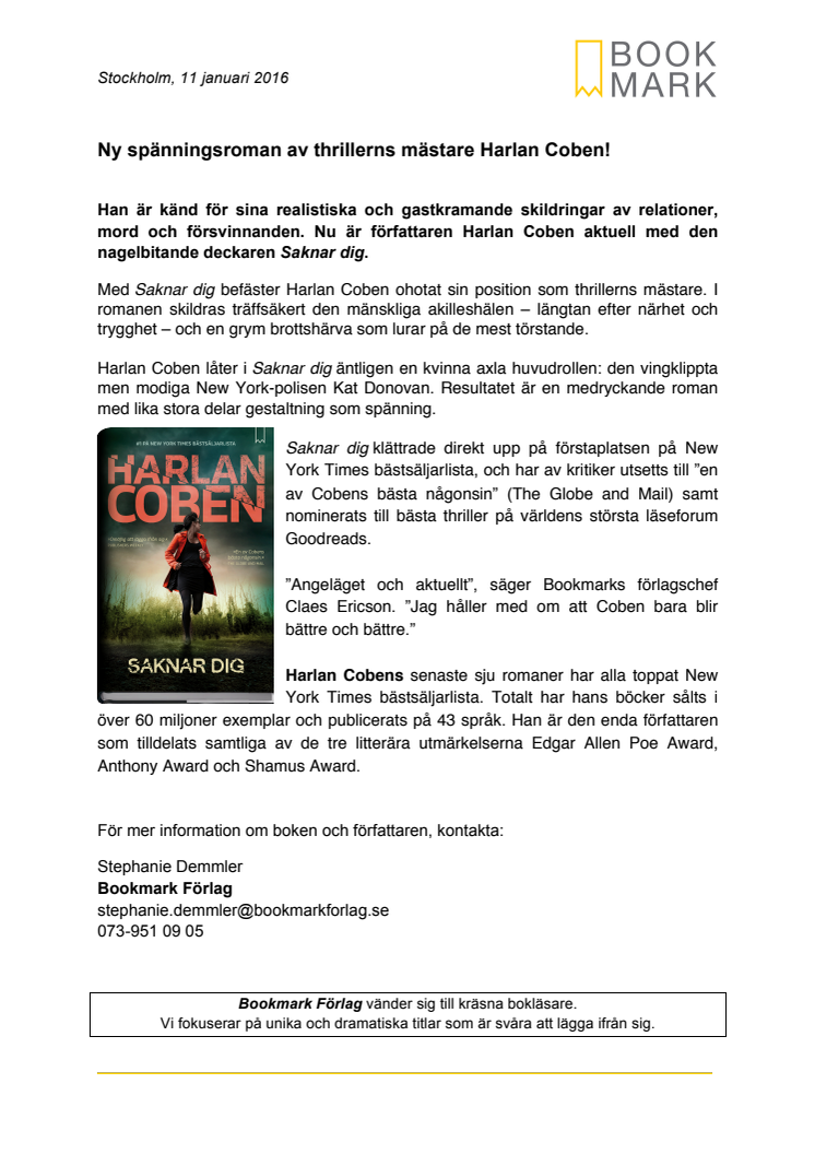 PRESSMEDDELANDE: Ny spänningsroman av thrillerns mästare Harlan Coben